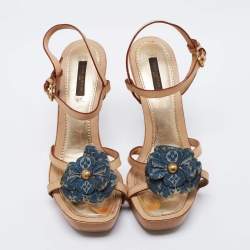Louis Vuitton Tan Leather And Monogram Denim Floral Platform Strappy Sandals Size 38