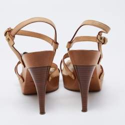 Louis Vuitton Tan Leather And Monogram Denim Floral Platform Strappy Sandals Size 38