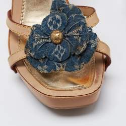 Louis Vuitton Tan Leather And Monogram Denim Floral Platform Strappy Sandals Size 38