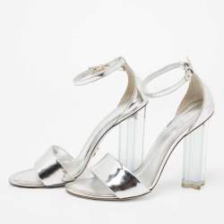 Louis Vuitton Silver Leather Ankle Strap Crystal Flower Sandals Size 38