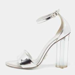 Louis Vuitton Silver Leather Ankle Strap Crystal Flower Sandals Size 38