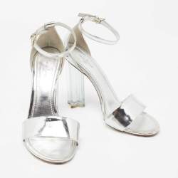 Louis Vuitton Silver Leather Ankle Strap Crystal Flower Sandals Size 38