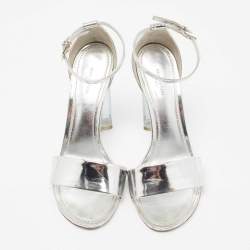 Louis Vuitton Silver Leather Ankle Strap Crystal Flower Sandals Size 38