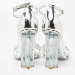 Louis Vuitton Silver Leather Ankle Strap Crystal Flower Sandals Size 38