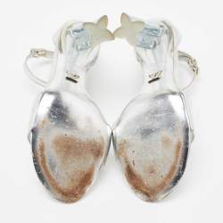 Louis Vuitton Silver Leather Ankle Strap Crystal Flower Sandals Size 38