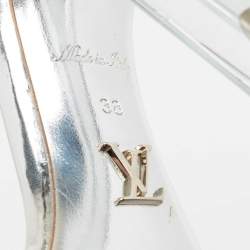 Louis Vuitton Silver Leather Ankle Strap Crystal Flower Sandals Size 38