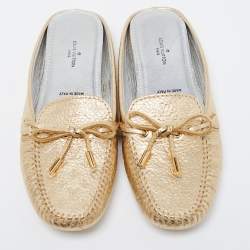 Pre Owned Louis Vuitton Metallic Gold Monogram Leather Gloria Flats Size 36.5