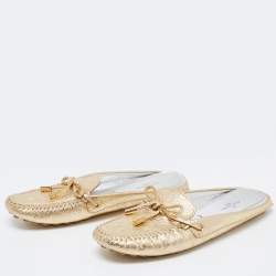 Pre Owned Louis Vuitton Metallic Gold Monogram Leather Gloria Flats Size 36.5