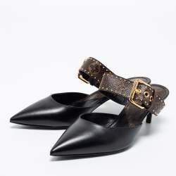 مملوكة مسبقًا Louis Vuitton Black Leather And Monogram Canvas Slide Sandals Size 38