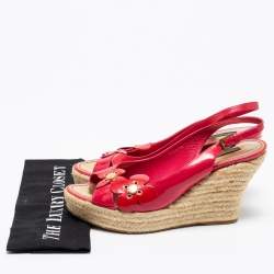Pre Owned Louis Vuitton Hot Pink Patent Leather Floral Applique Espadrille Wedge Platform Slingback Sandals Size 41