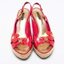 Pre Owned Louis Vuitton Hot Pink Patent Leather Floral Applique Espadrille Wedge Platform Slingback Sandals Size 41