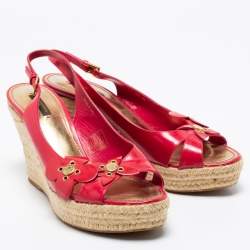 Pre Owned Louis Vuitton Hot Pink Patent Leather Floral Applique Espadrille Wedge Platform Slingback Sandals Size 41
