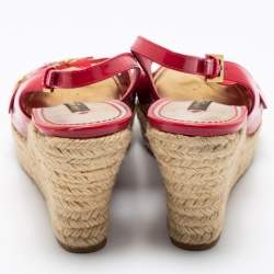 Pre Owned Louis Vuitton Hot Pink Patent Leather Floral Applique Espadrille Wedge Platform Slingback Sandals Size 41