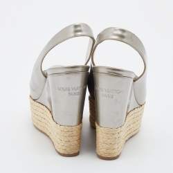 Pre Owned Louis Vuitton Grey Patent Leather Lagoon Espadrilles Platform Wedge Slingback Sandals Size 39