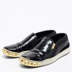 Louis Vuitton Black Suede, Patent and Leather Studded Tempo Slip-On Sneakers Size 38