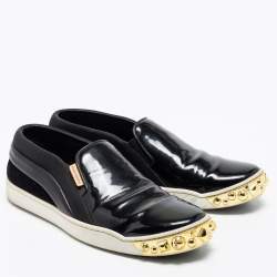 Louis Vuitton Black Suede, Patent and Leather Studded Tempo Slip-On Sneakers Size 38