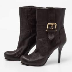 Pre Owned Louis Vuitton Dark Brown Leather Ankle Length Boots 37.5