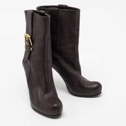 Pre Owned Louis Vuitton Dark Brown Leather Ankle Length Boots 37.5