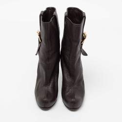 Pre Owned Louis Vuitton Dark Brown Leather Ankle Length Boots 37.5
