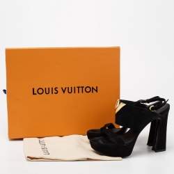 Louis Vuitton Black Suede Platform Slingback Sandals Size 37.5