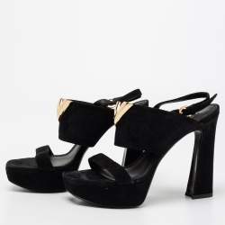 Louis Vuitton Black Suede Platform Slingback Sandals Size 37.5