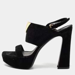 Louis Vuitton Black Suede Platform Slingback Sandals Size 37.5
