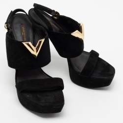 Louis Vuitton Black Suede Platform Slingback Sandals Size 37.5