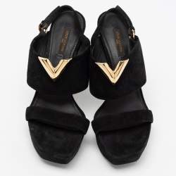 Louis Vuitton Black Suede Platform Slingback Sandals Size 37.5