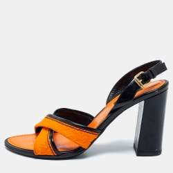 مملوكة مسبقًا صندل لوي فيتون جلد  لامع وقماش منقوش مونوغرامي برتقالي / أسود بحزام كاحل مقاس 39