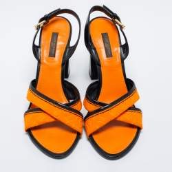 مملوكة مسبقًا صندل لوي فيتون جلد  لامع وقماش منقوش مونوغرامي برتقالي / أسود بحزام كاحل مقاس 39