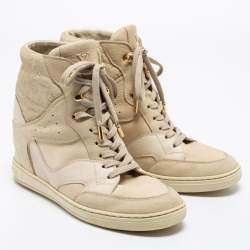 Louis Vuitton Off White Monogram Suede And Leather Cliff Top Wedge Sneakers Size 38