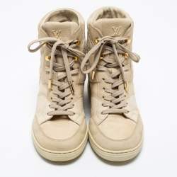 Louis Vuitton Off White Monogram Suede And Leather Cliff Top Wedge Sneakers Size 38