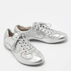 مملوكة مسبقًا Louis Vuitton Metallic Silver Monogram Leather Trainers Lace Up Low Top Sneakers Size 38