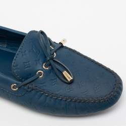 Pre Owned Louis Vuitton Blue Monogram Leather Gloria Bow Slip On Loafers Size 41