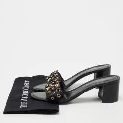 مملوكة مسبقًا Louis Vuitton Black Leather Applique Embellished Block Heel Slide Sandals Size 40