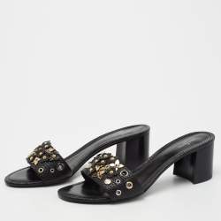 مملوكة مسبقًا Louis Vuitton Black Leather Applique Embellished Block Heel Slide Sandals Size 40