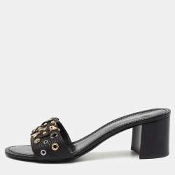 مملوكة مسبقًا Louis Vuitton Black Leather Applique Embellished Block Heel Slide Sandals Size 40