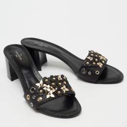 مملوكة مسبقًا Louis Vuitton Black Leather Applique Embellished Block Heel Slide Sandals Size 40