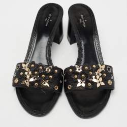 مملوكة مسبقًا Louis Vuitton Black Leather Applique Embellished Block Heel Slide Sandals Size 40