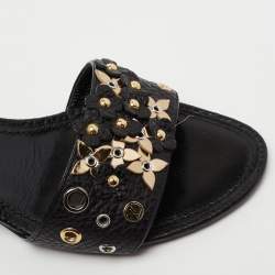 مملوكة مسبقًا Louis Vuitton Black Leather Applique Embellished Block Heel Slide Sandals Size 40