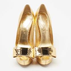 Pre Owned Louis Vuitton Metallic Gold Python Peep Toe Platform Pumps Size 38