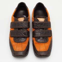 Louis Vuitton Dark Brown/Orange Crocodile Leather And Suede Low Top Sneakers Size 36