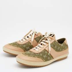 Louis Vuitton Green/Beige Monogram Denim And Leather Low Top Sneakers Size 38.5