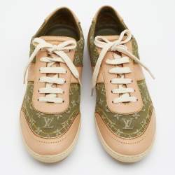 Louis Vuitton Green/Beige Monogram Denim And Leather Low Top Sneakers Size 38.5