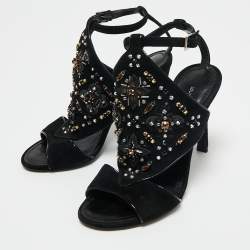 Louis Vuitton Black Suede Embellished Ankle Strap Sandals Size 35