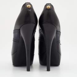 Pre Owned Louis Vuitton Black/Navy Blue Leather Peep Toe Platform Lace Up Booties Size 39
