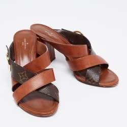 Louis Vuitton Brown Monogram Canvas And Leather Criss Cross Slide Sandals Size 38