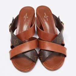 Louis Vuitton Brown Monogram Canvas And Leather Criss Cross Slide Sandals Size 38