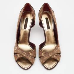مملوكة مسبقًا Louis Vuitton Brown/Beige Mini Lin Canvas And Patent Leather D'orsay Open Toe Pumps Size 37