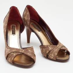 مملوكة مسبقًا Louis Vuitton Brown/Beige Mini Lin Canvas And Patent Leather D'orsay Open Toe Pumps Size 37